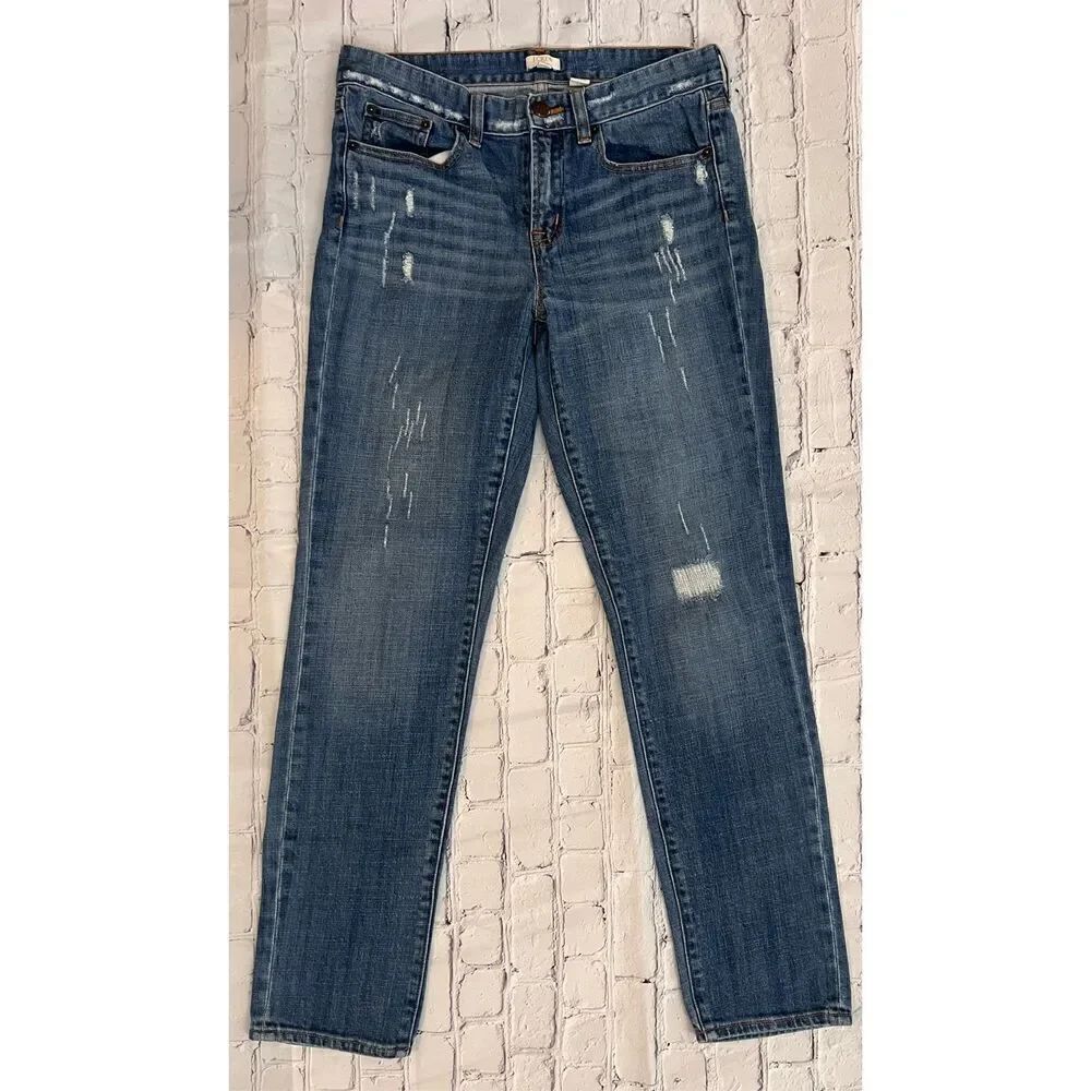 J. Crew Women's 28 Stretch Straight Leg Jeans Distressed Denim Frayed Ripped